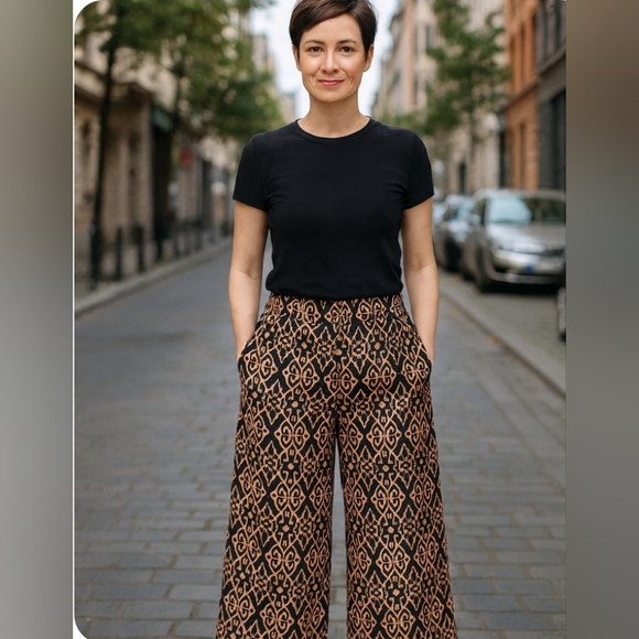Chicos Stylish Ikat Black and Orange Patterned Women's Pants, 10 - Picture 1 of 10